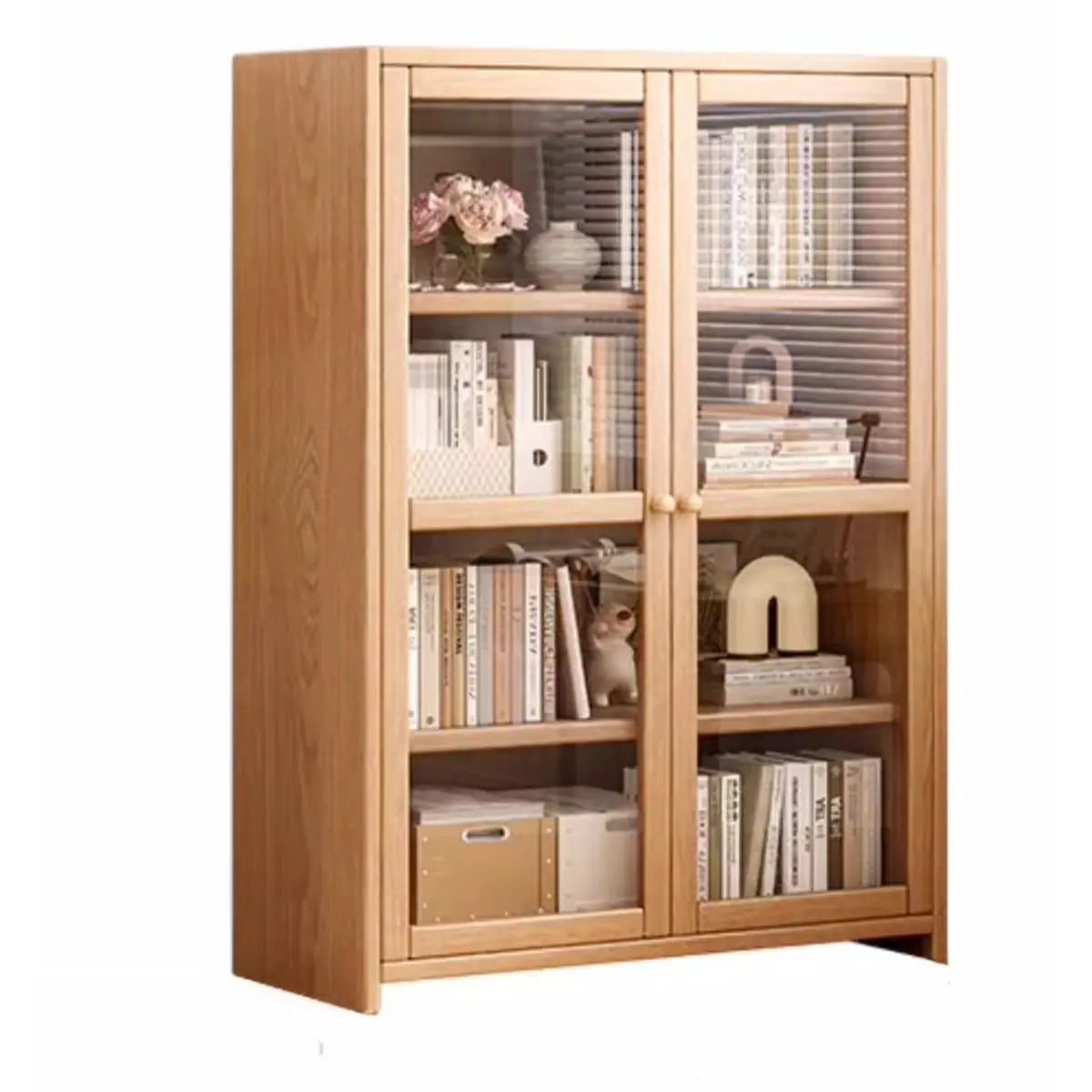Modish Vertical Glass Doors Brown Timber Bookcases Image - 18