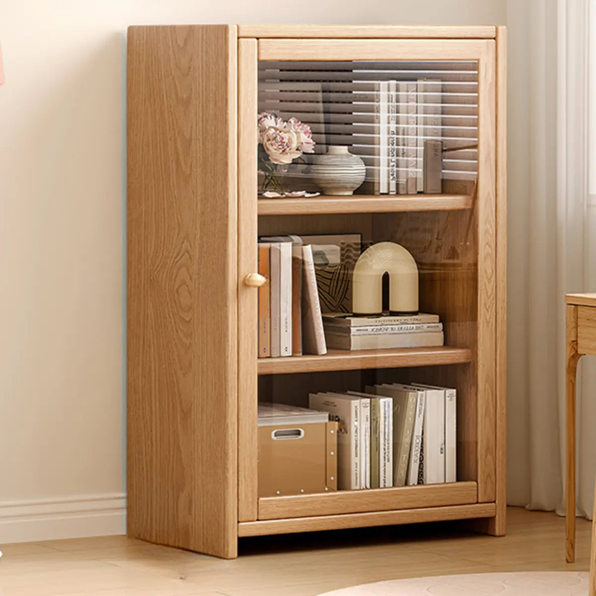 Modish Vertical Glass Doors Brown Timber Bookcases Image - 2