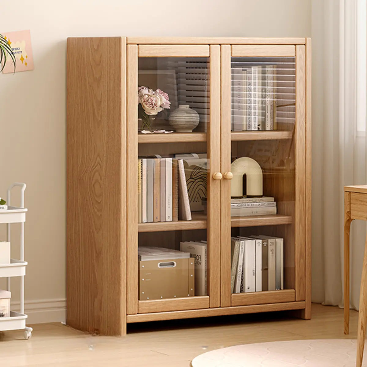 Modish Vertical Glass Doors Brown Timber Bookcases Image - 4