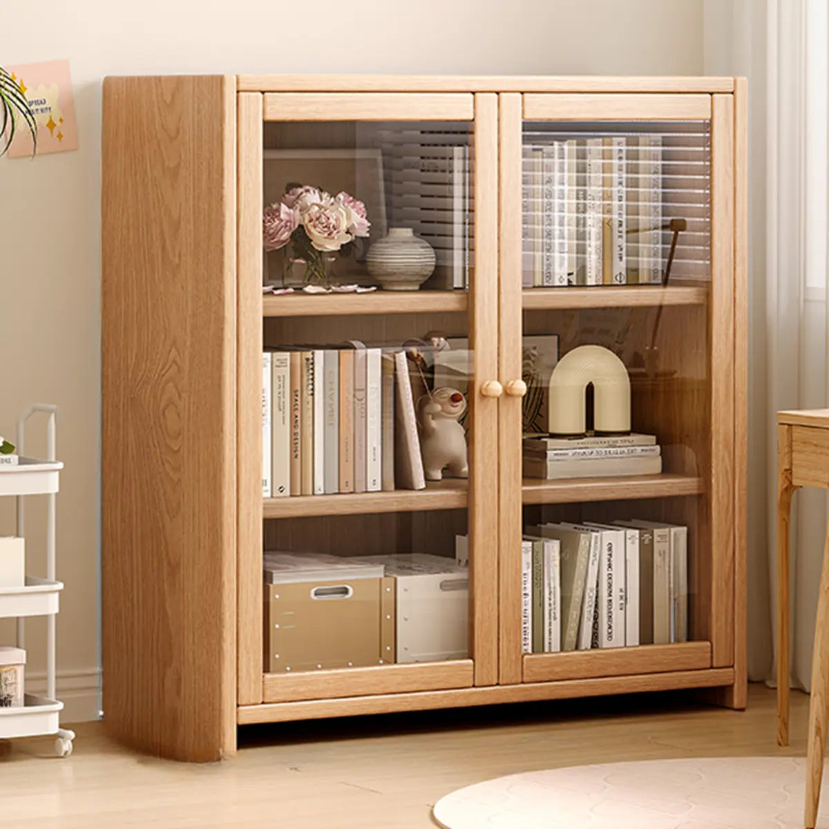 Modish Vertical Glass Doors Brown Timber Bookcases Image - 5