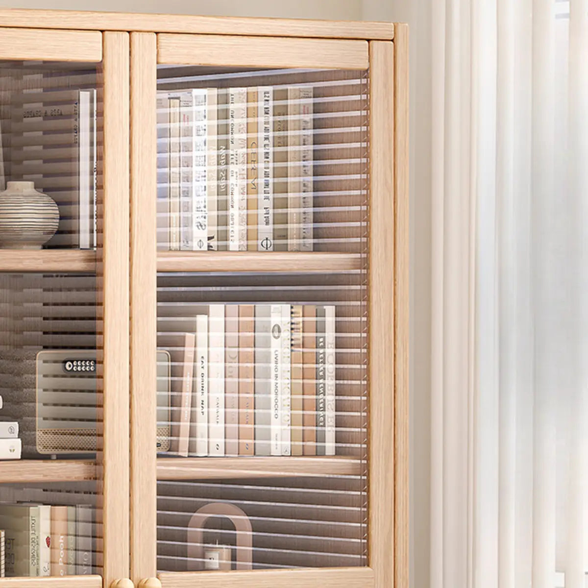 Modish Vertical Glass Doors Brown Timber Bookcases Image - 6