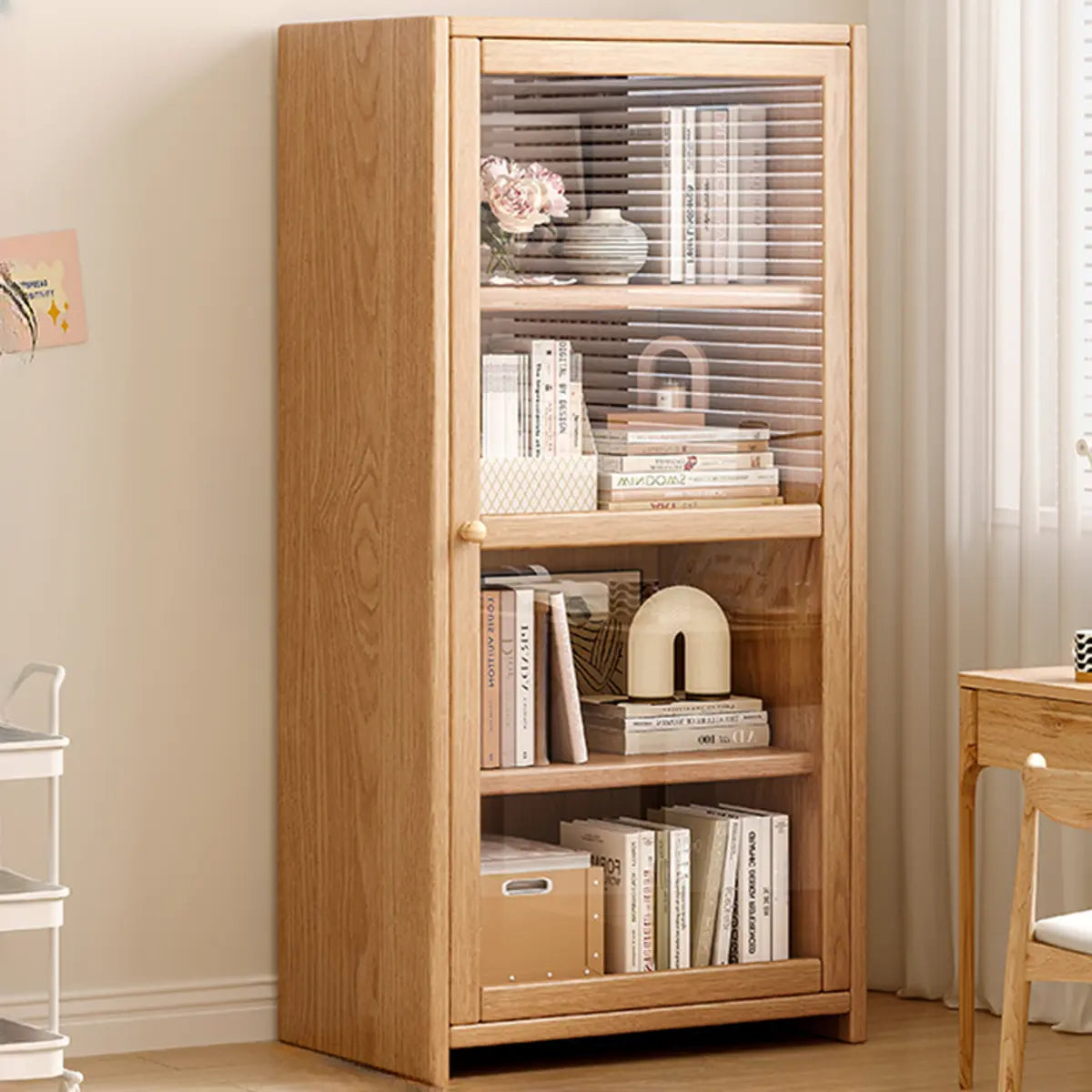 Modish Vertical Glass Doors Brown Timber Bookcases Image - 7