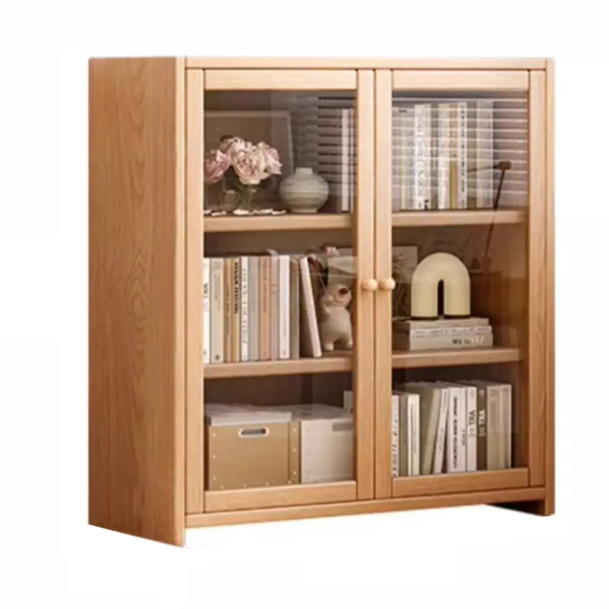 Modish Vertical Glass Doors Brown Timber Bookcases Image - 8