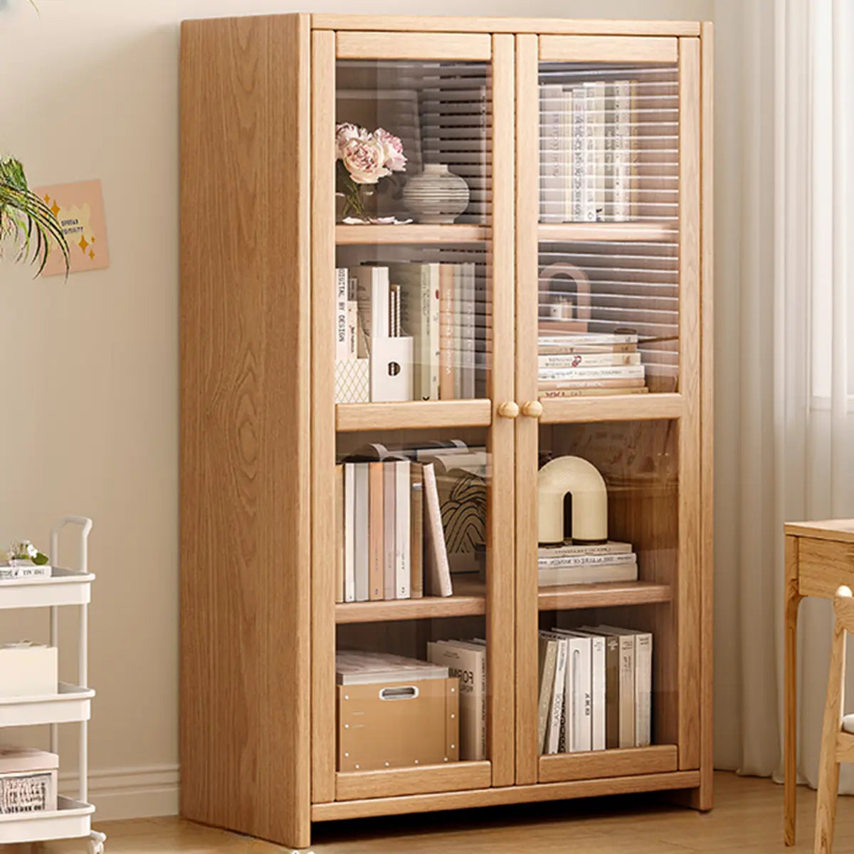 Modish Vertical Glass Doors Brown Timber Bookcases Image - 9