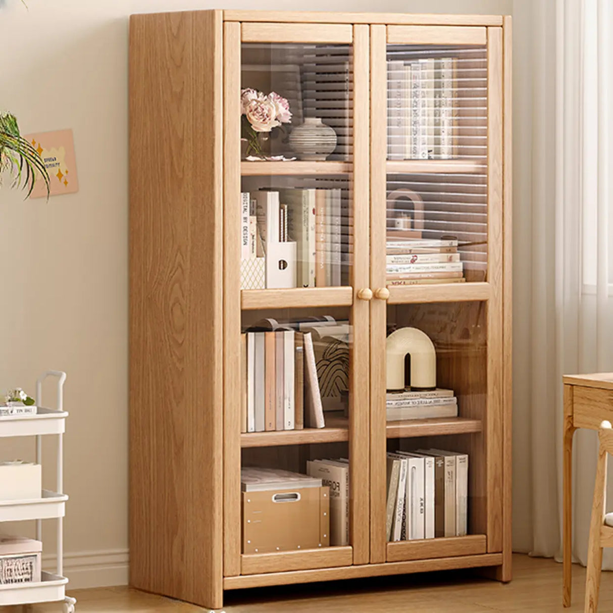 Modish Vertical Glass Doors Brown Timber Bookcases Image - 9