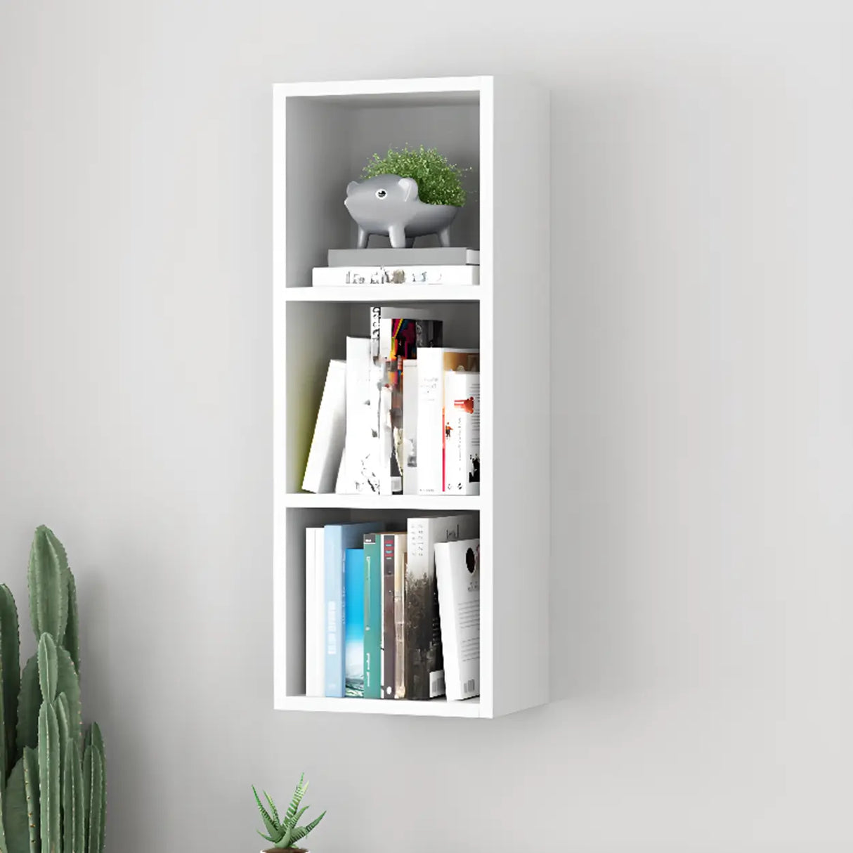 Modish Wall-Mounted Rectangular Wood Small Bookcase Image - 11