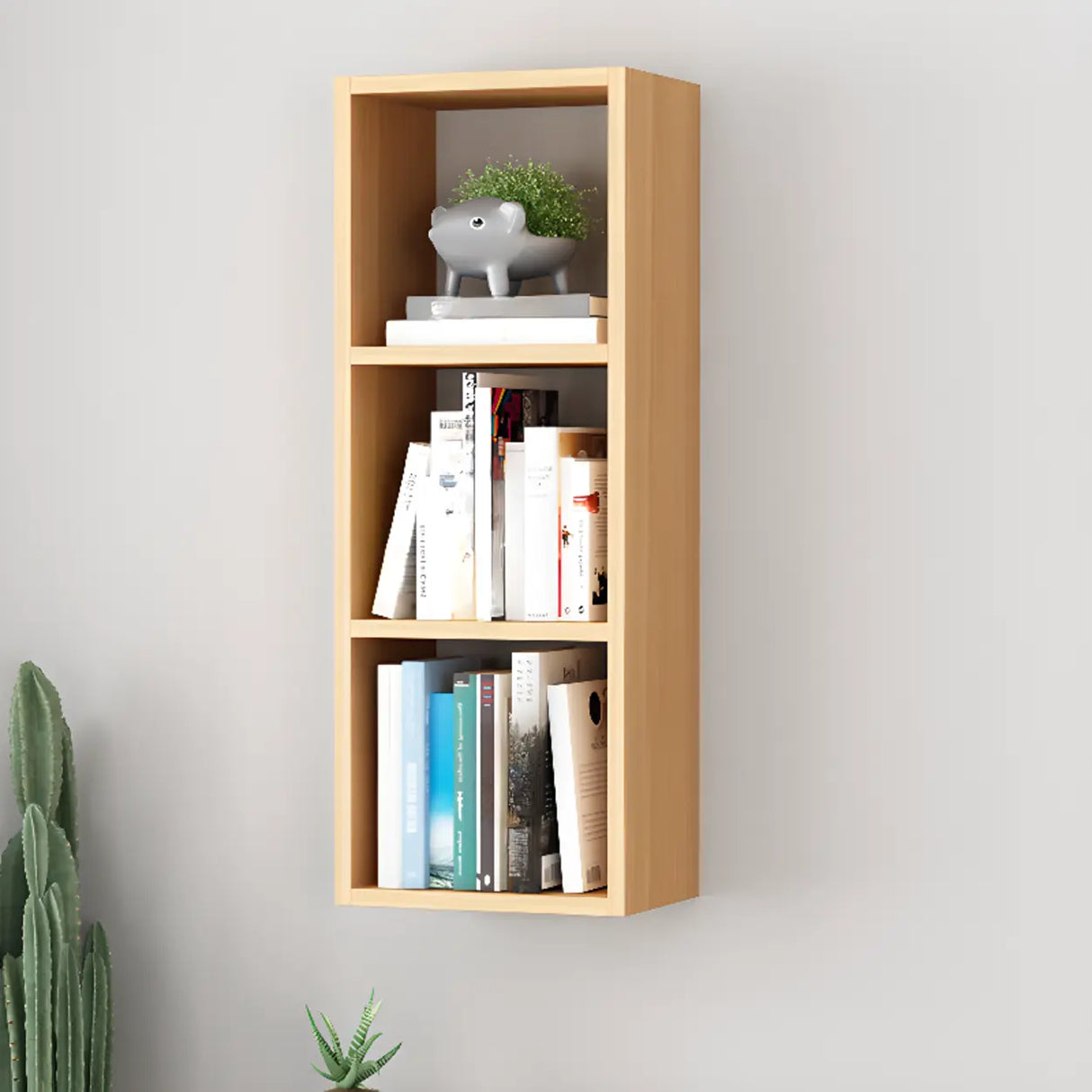 Modish Wall-Mounted Rectangular Wood Small Bookcase Image - 14