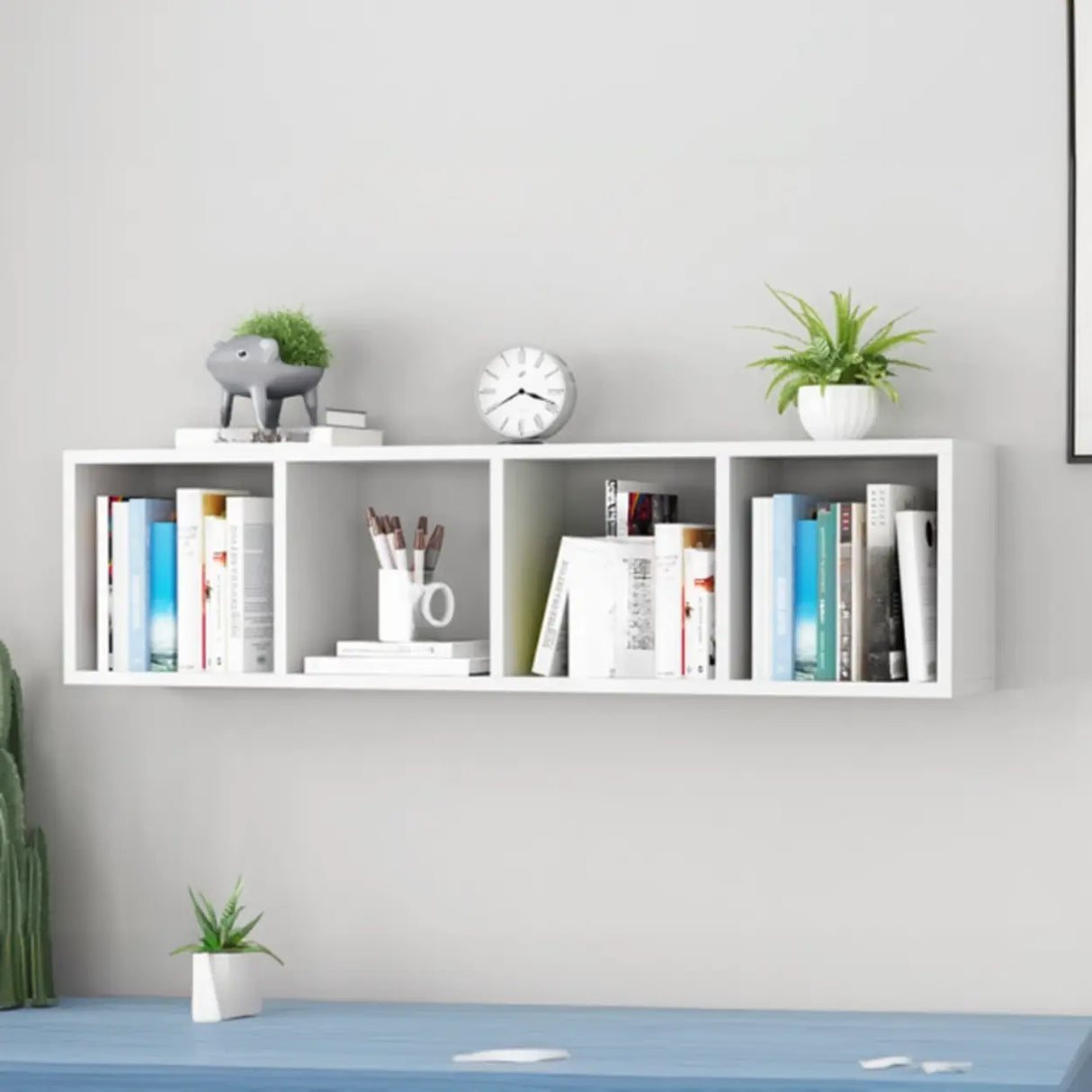 Modish Wall-Mounted Rectangular Wood Small Bookcase Image - 15