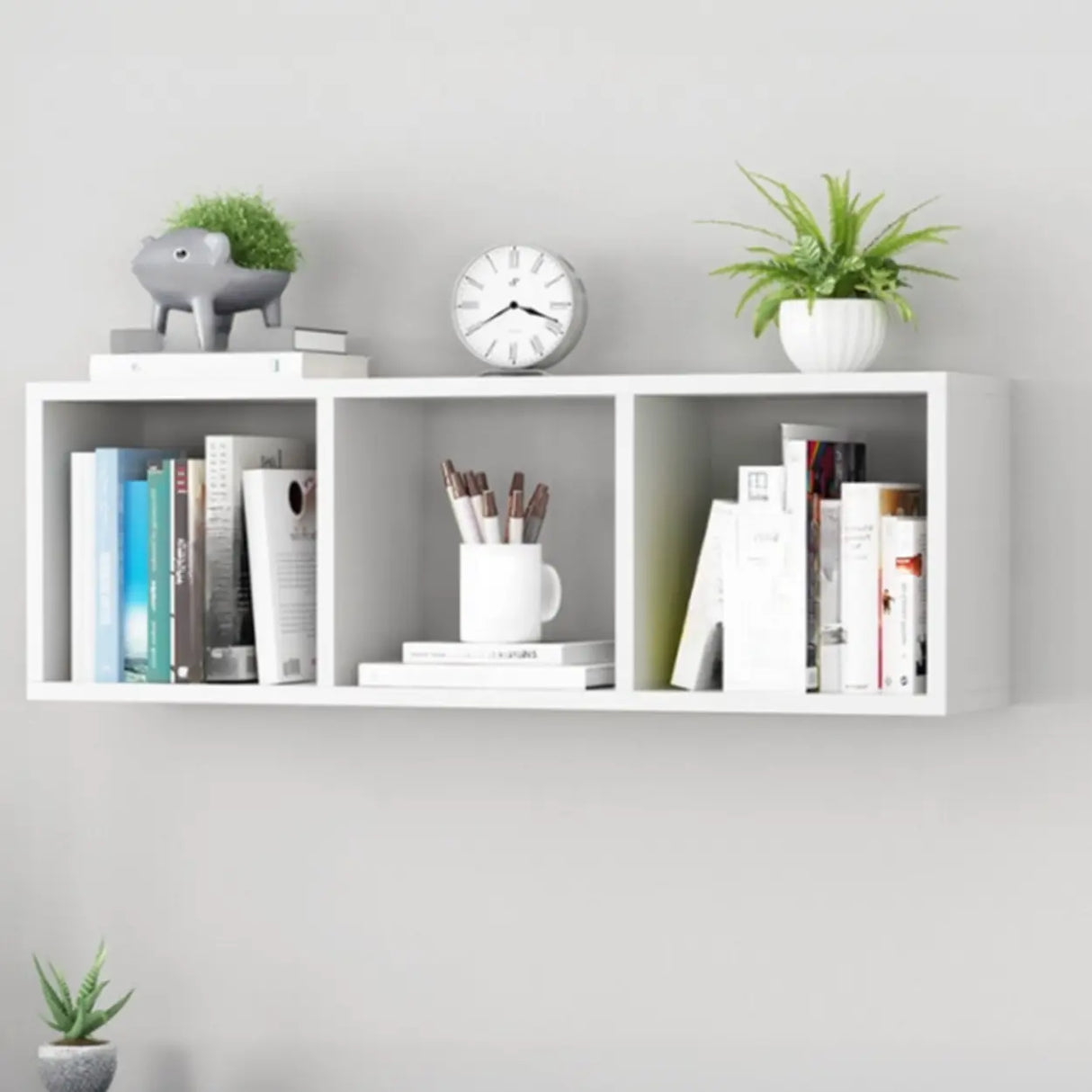 Modish Wall-Mounted Rectangular Wood Small Bookcase Image - 16