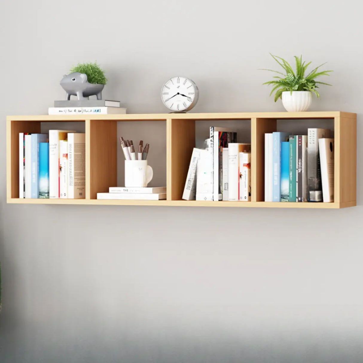 Modish Wall-Mounted Rectangular Wood Small Bookcase Image - 19