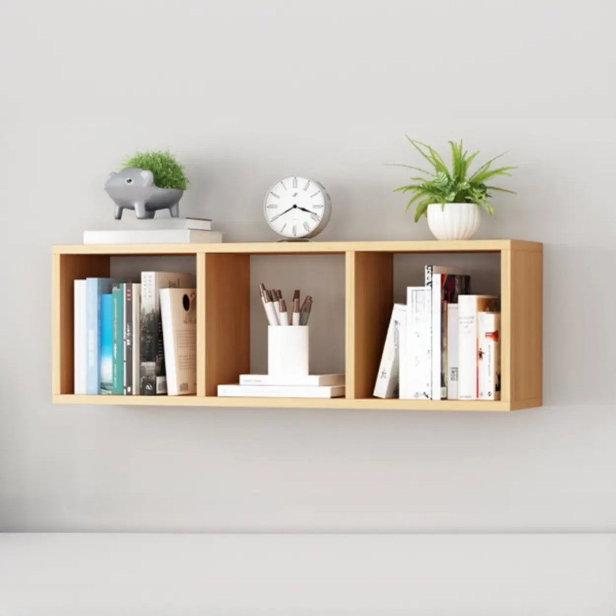 Modish Wall-Mounted Rectangular Wood Small Bookcase Image - 20