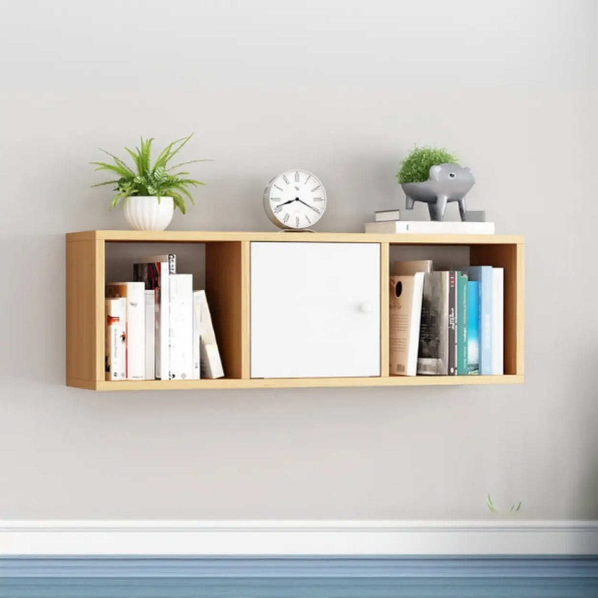 Modish Wall-Mounted Rectangular Wood Small Bookcase Image - 25