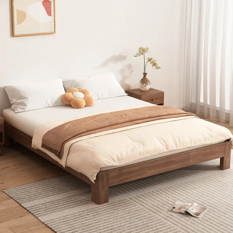 Modish Walnut Queen Rectangle Pine Wood Panel Bed Frame Image - 1