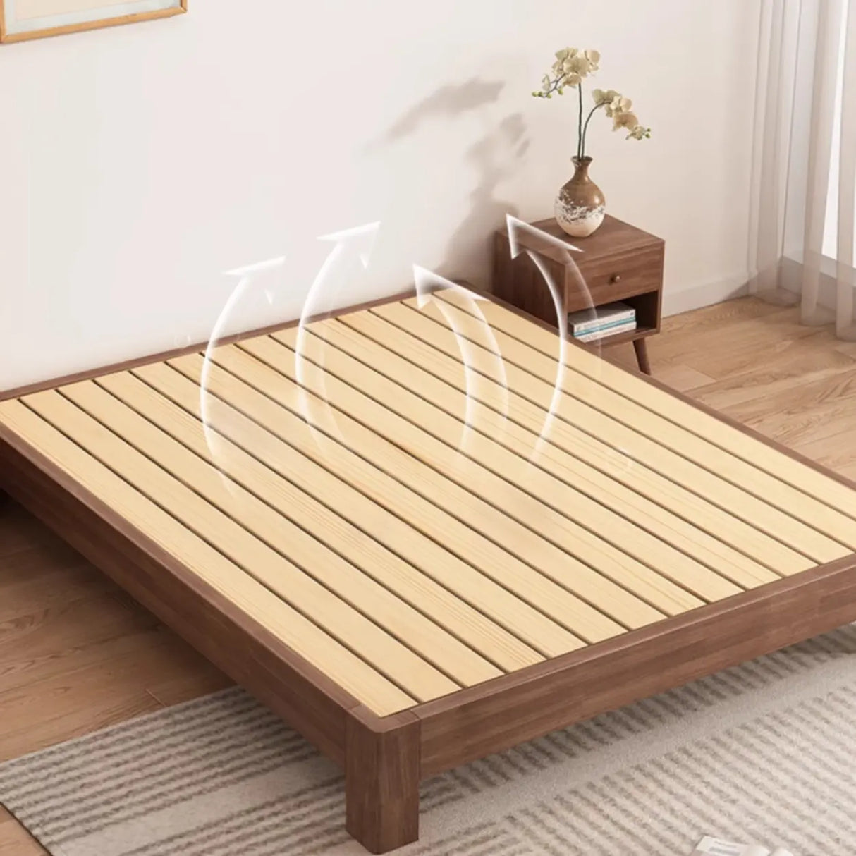 Modish Walnut Queen Rectangle Pine Wood Panel Bed Frame Image - 11