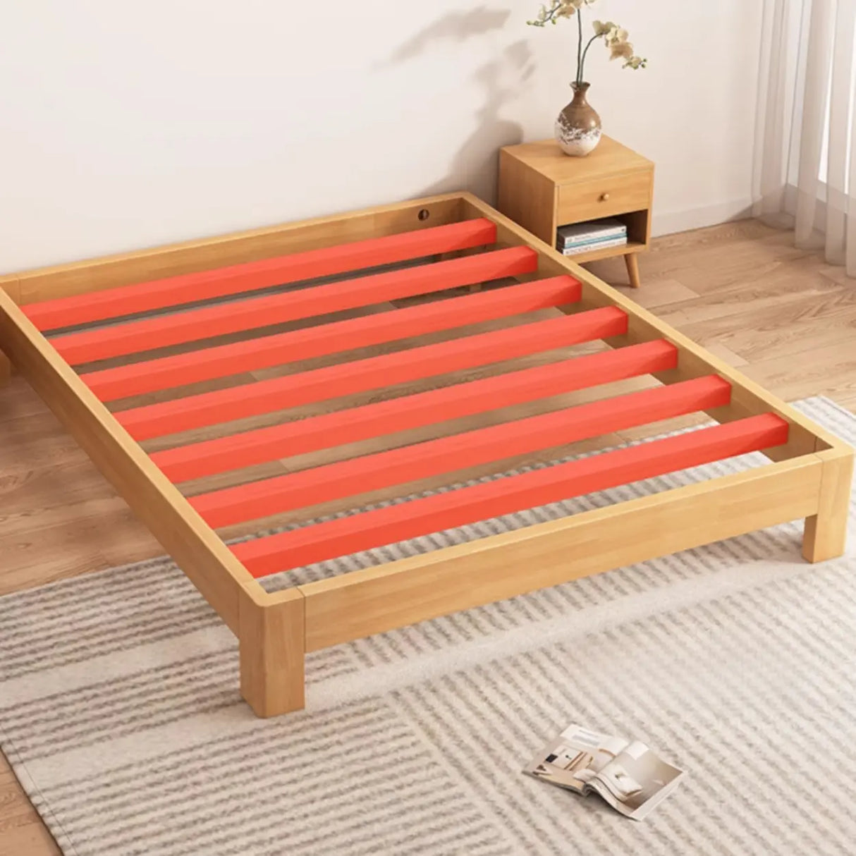 Modish Walnut Queen Rectangle Pine Wood Panel Bed Frame Image - 12