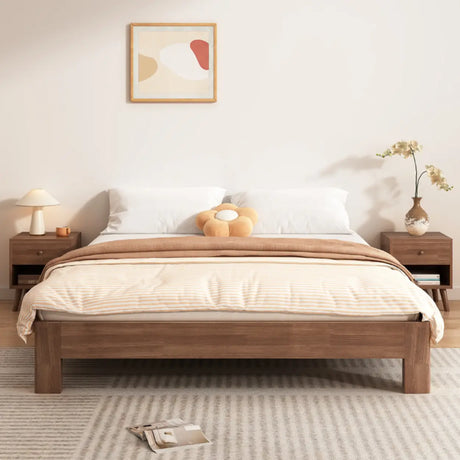 Modish Walnut Queen Rectangle Pine Wood Panel Bed Frame Image - 4
