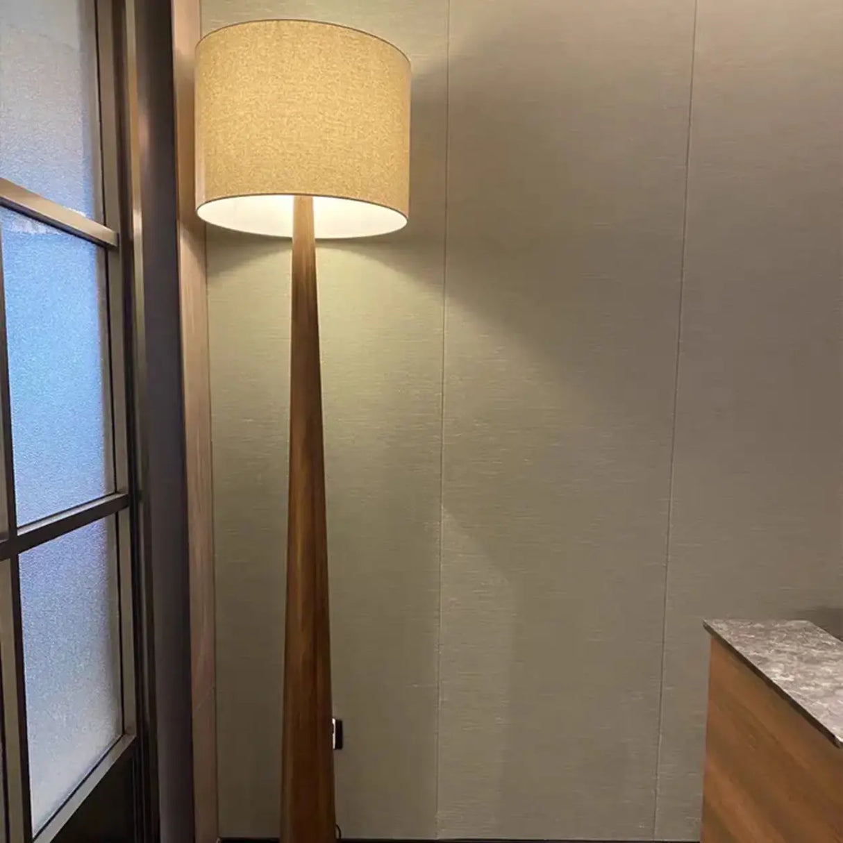 Modish White Cylinder Walnut Metal LED Floor Lamp Image - 7