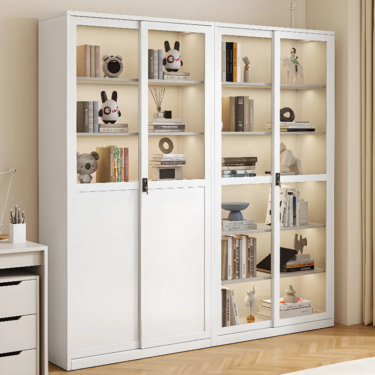 Modish White Glass Door Rectangle Display Bookcase Image - 1