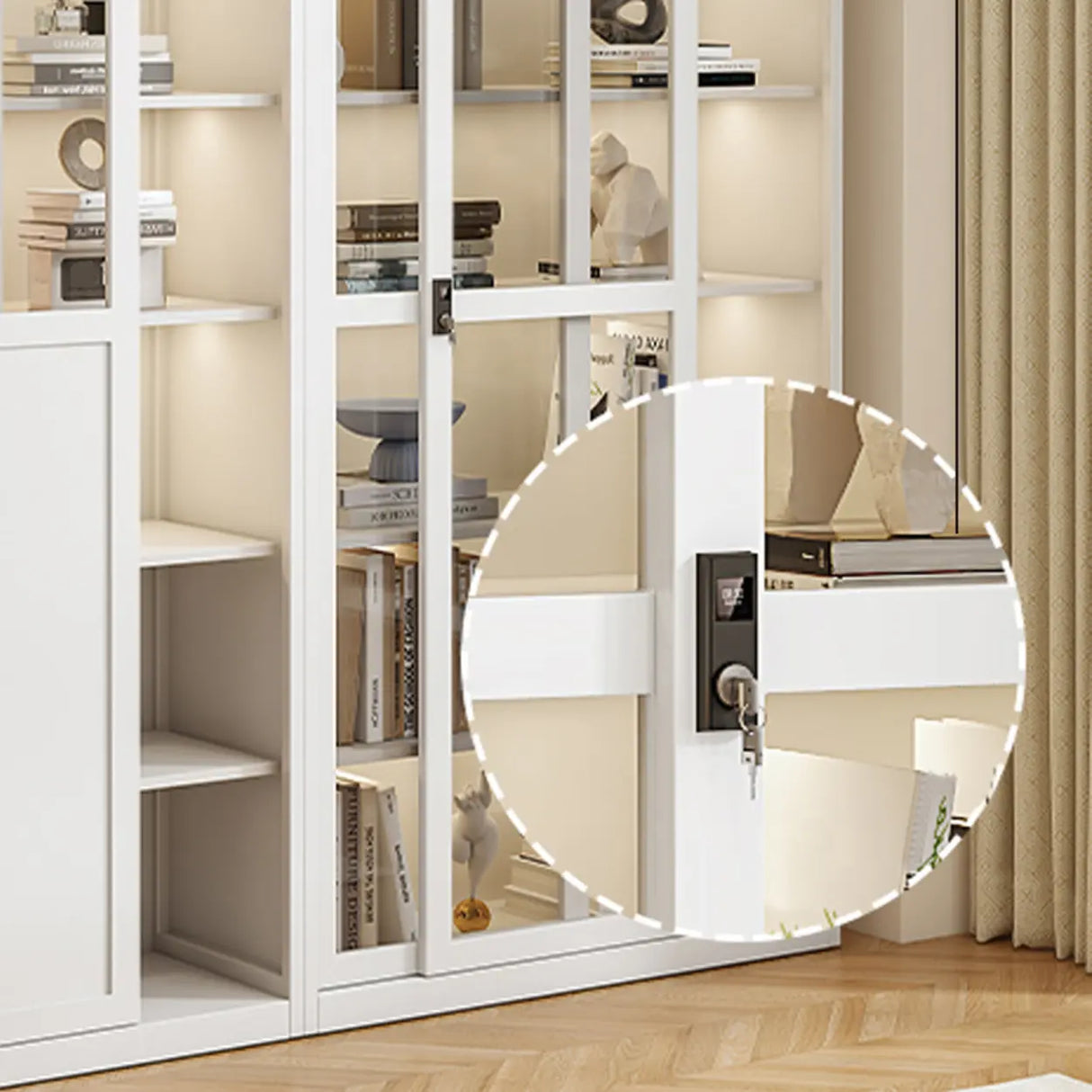 Modish White Glass Door Rectangle Display Bookcase Image - 14