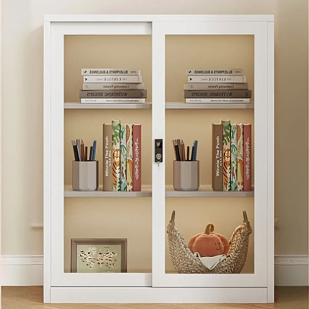 Modish White Glass Door Rectangle Display Bookcase Image - 15