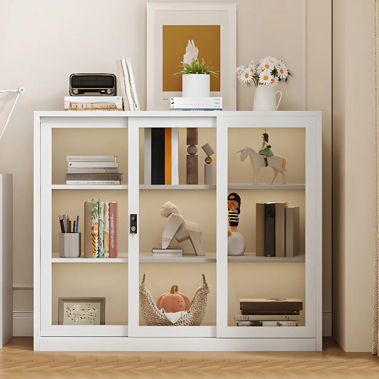 Modish White Glass Door Rectangle Display Bookcase Image - 5