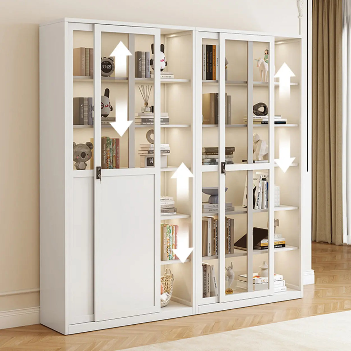 Modish White Glass Door Rectangle Display Bookcase Image - 6