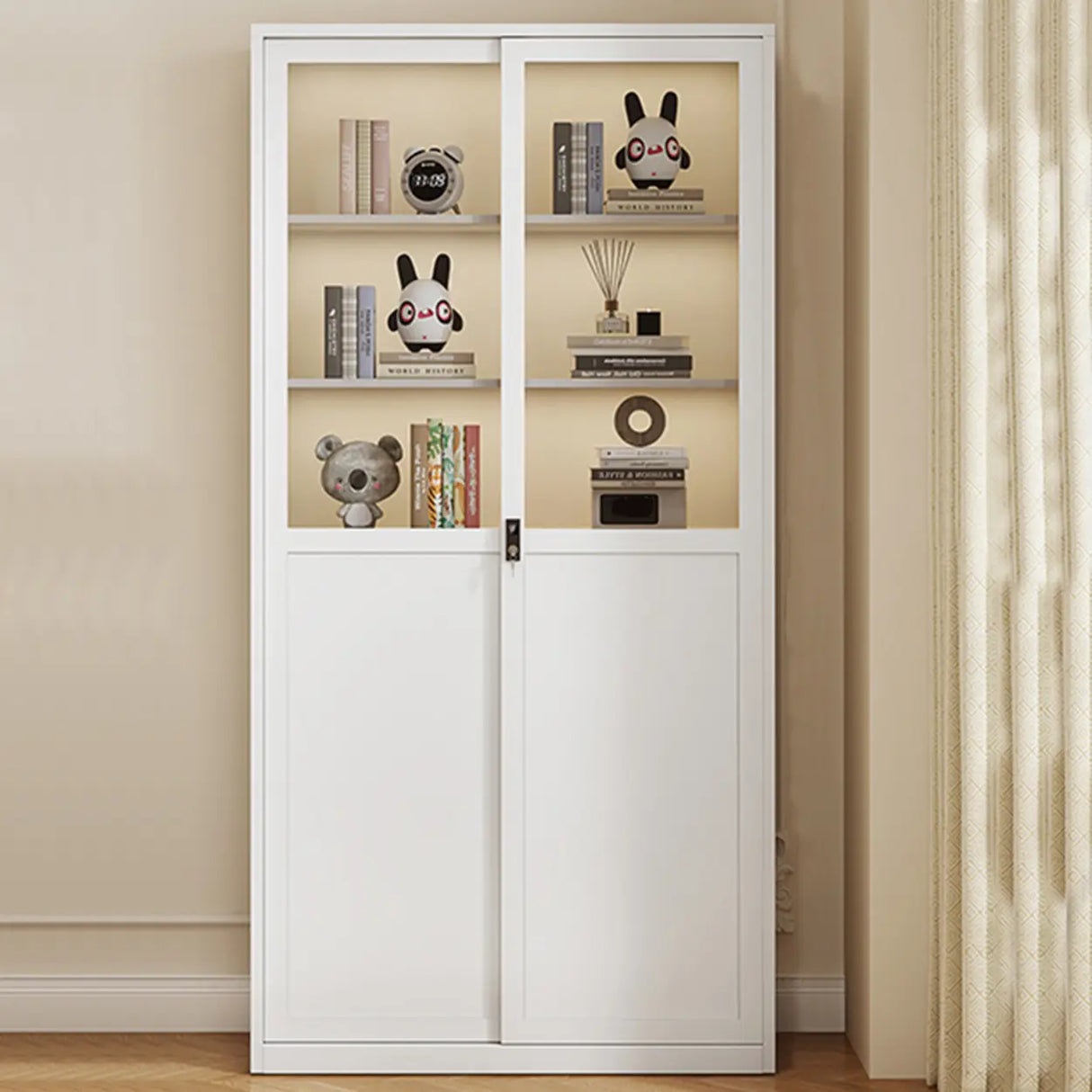 Modish White Glass Door Rectangle Display Bookcase Image - 7