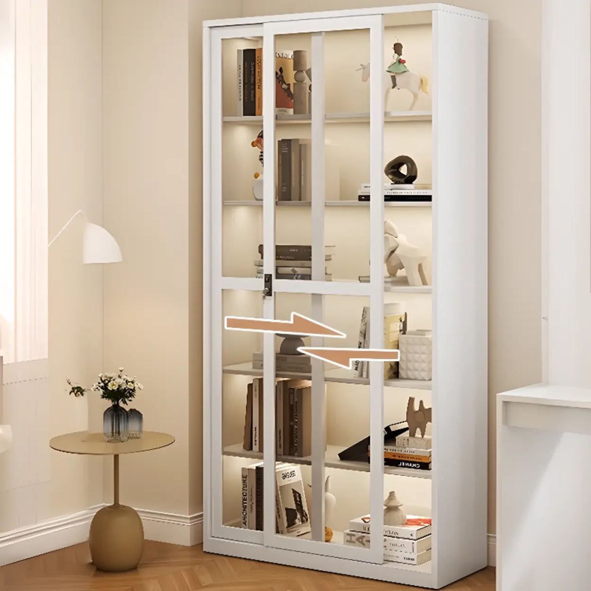 Modish White Glass Door Rectangle Display Bookcase Image - 4