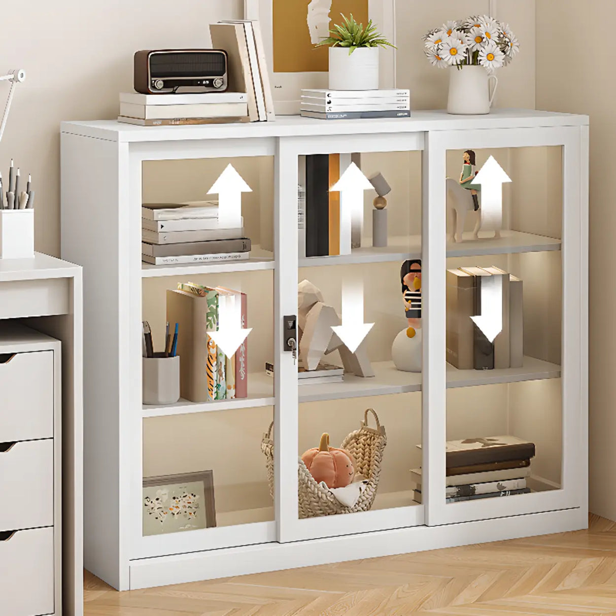 Modish White Glass Door Rectangle Display Bookcase Image - 8
