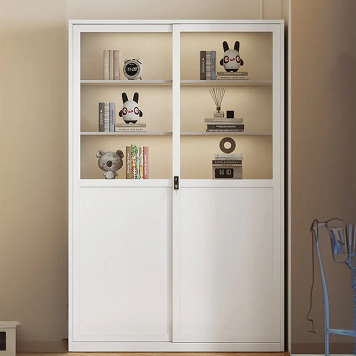 Modish White Glass Door Rectangle Display Bookcase Image - 9