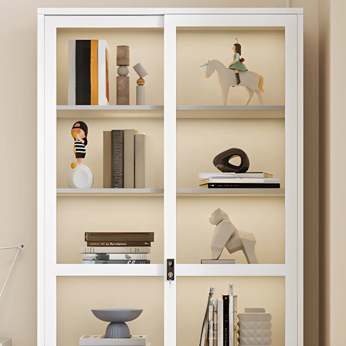 Modish White Glass Door Rectangle Display Bookcase Image - 10