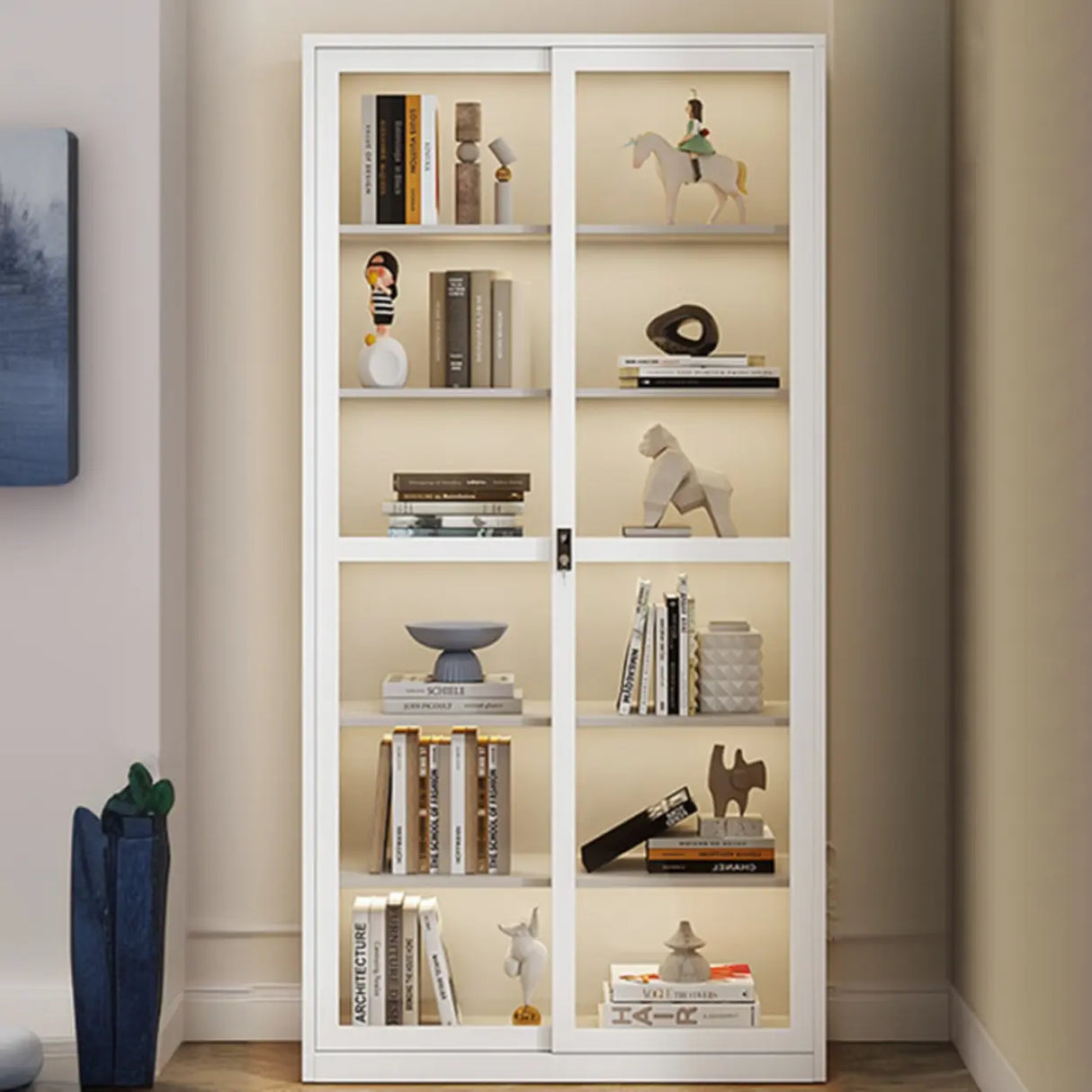 Modish White Glass Door Rectangle Display Bookcase Image - 11