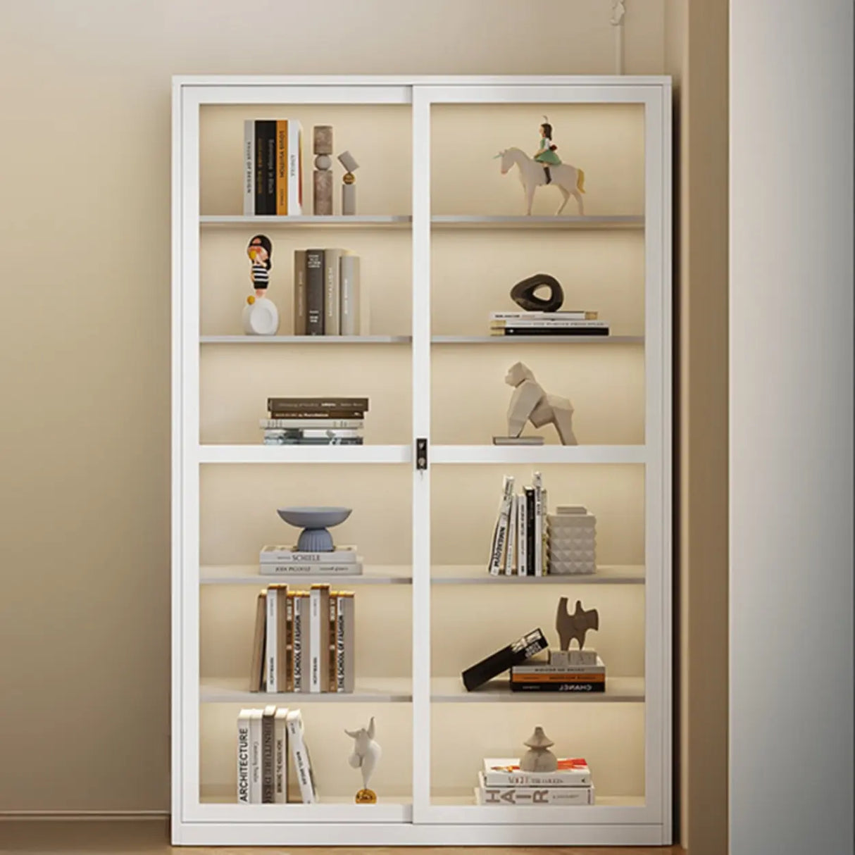 Modish White Glass Door Rectangle Display Bookcase Image - 13