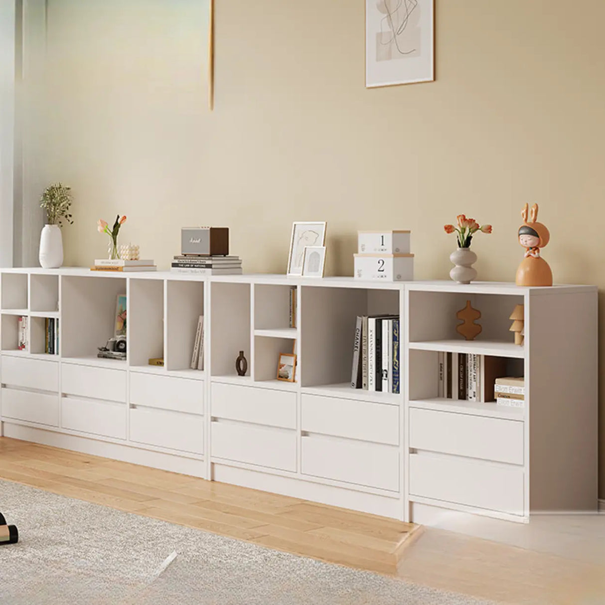 Modish White Horizontal Rectangle Wood Storage Bookcase Image - 1