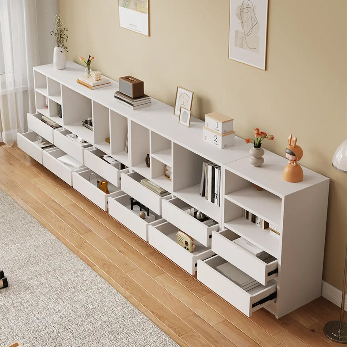 Modish White Horizontal Rectangle Wood Storage Bookcase Image - 10