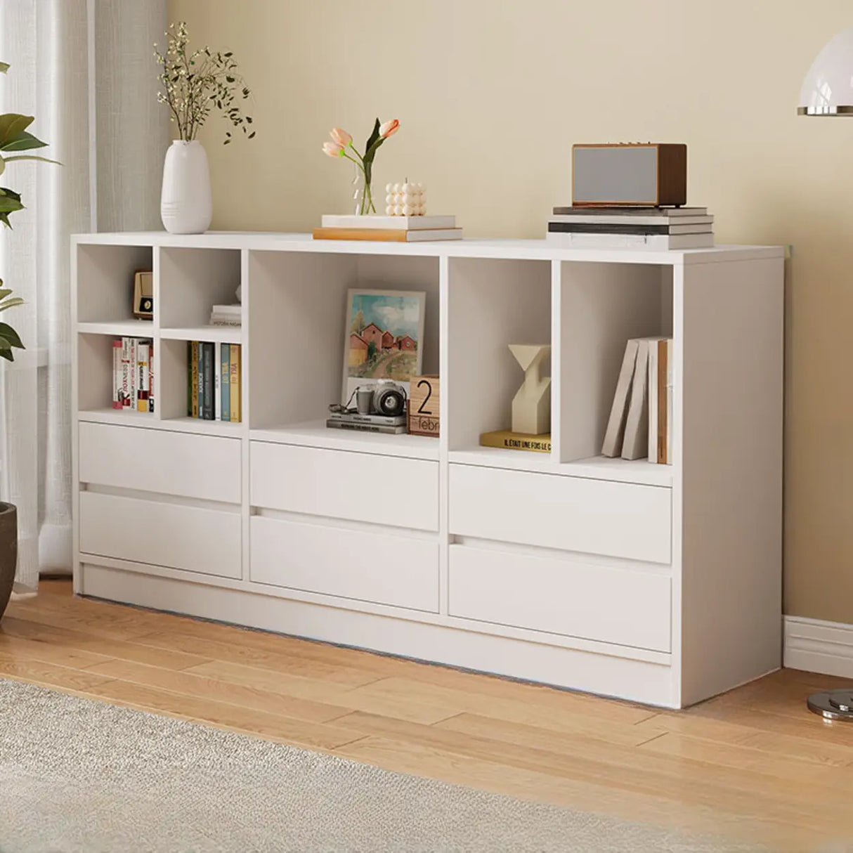 Modish White Horizontal Rectangle Wood Storage Bookcase Image - 11
