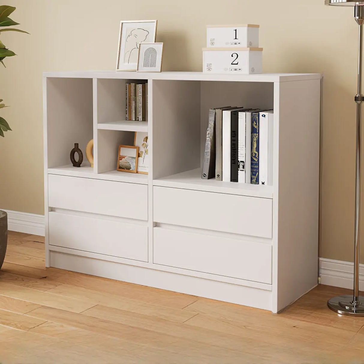 Modish White Horizontal Rectangle Wood Storage Bookcase Image - 17