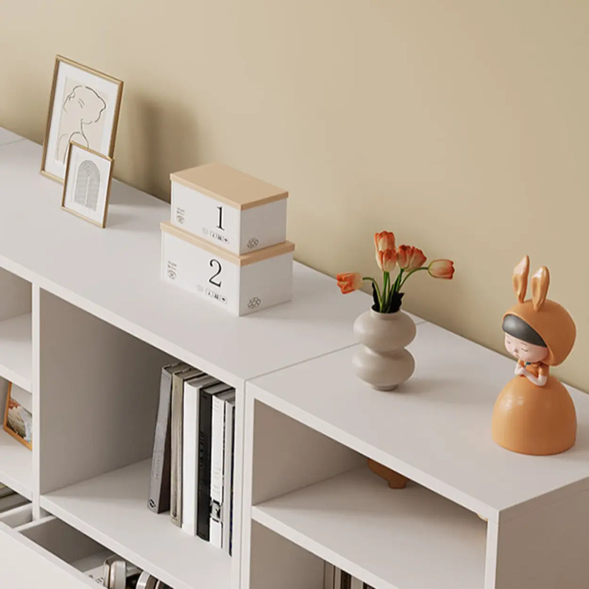 Modish White Horizontal Rectangle Wood Storage Bookcase Image - 19