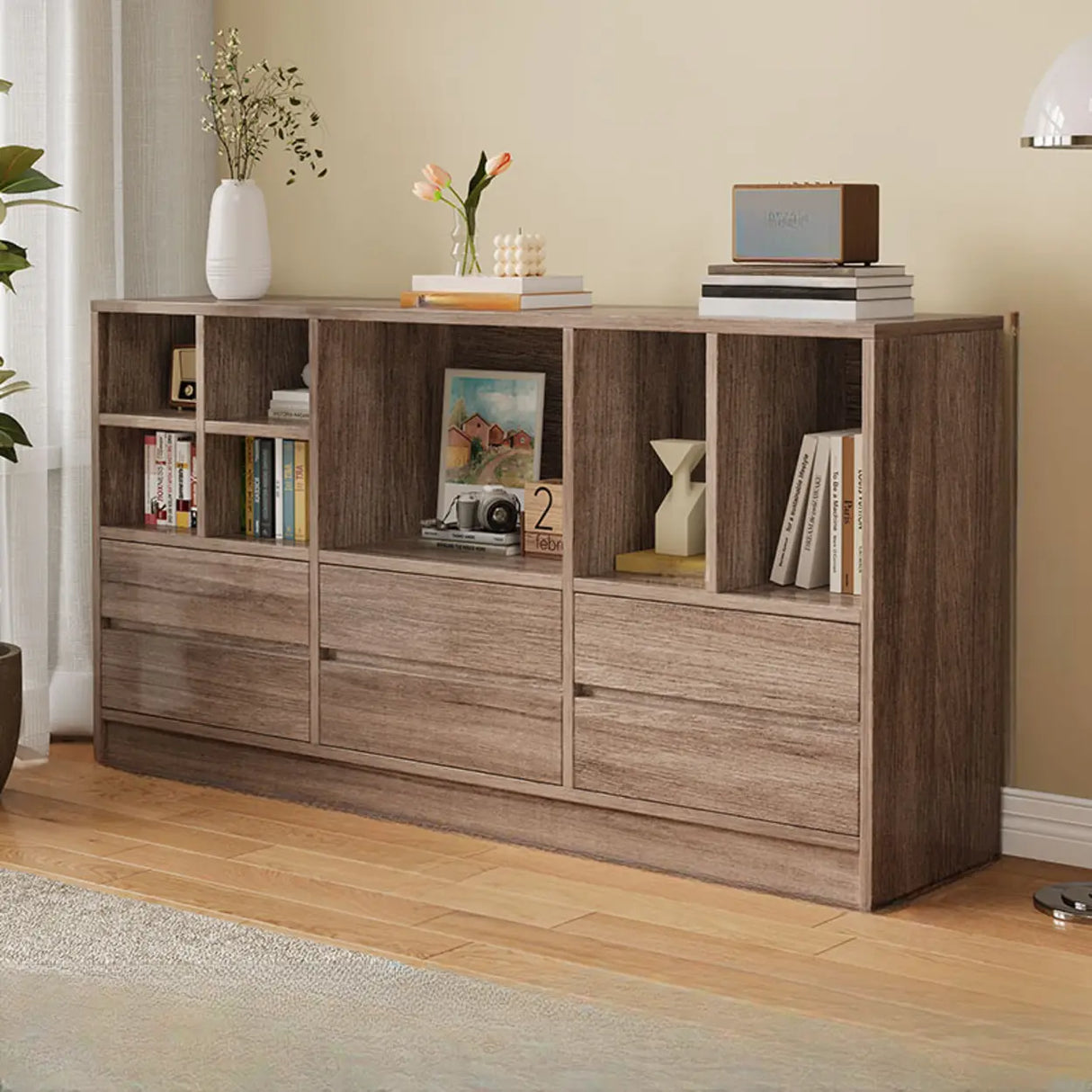 Modish White Horizontal Rectangle Wood Storage Bookcase Image - 3