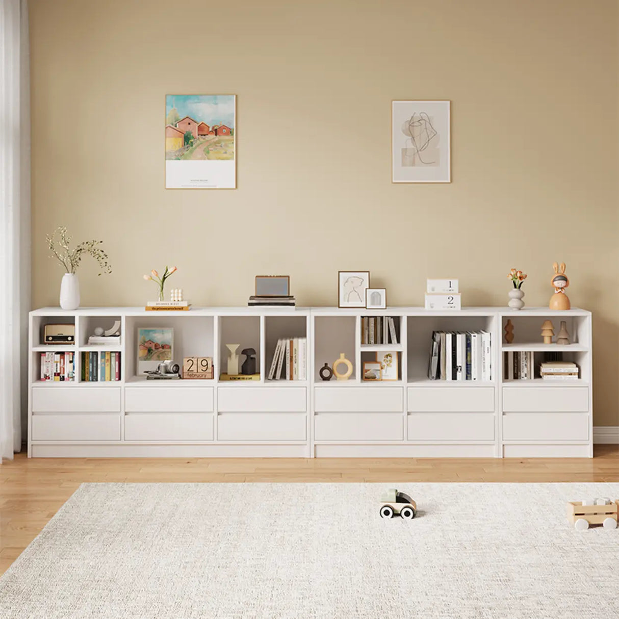 Modish White Horizontal Rectangle Wood Storage Bookcase Image - 6