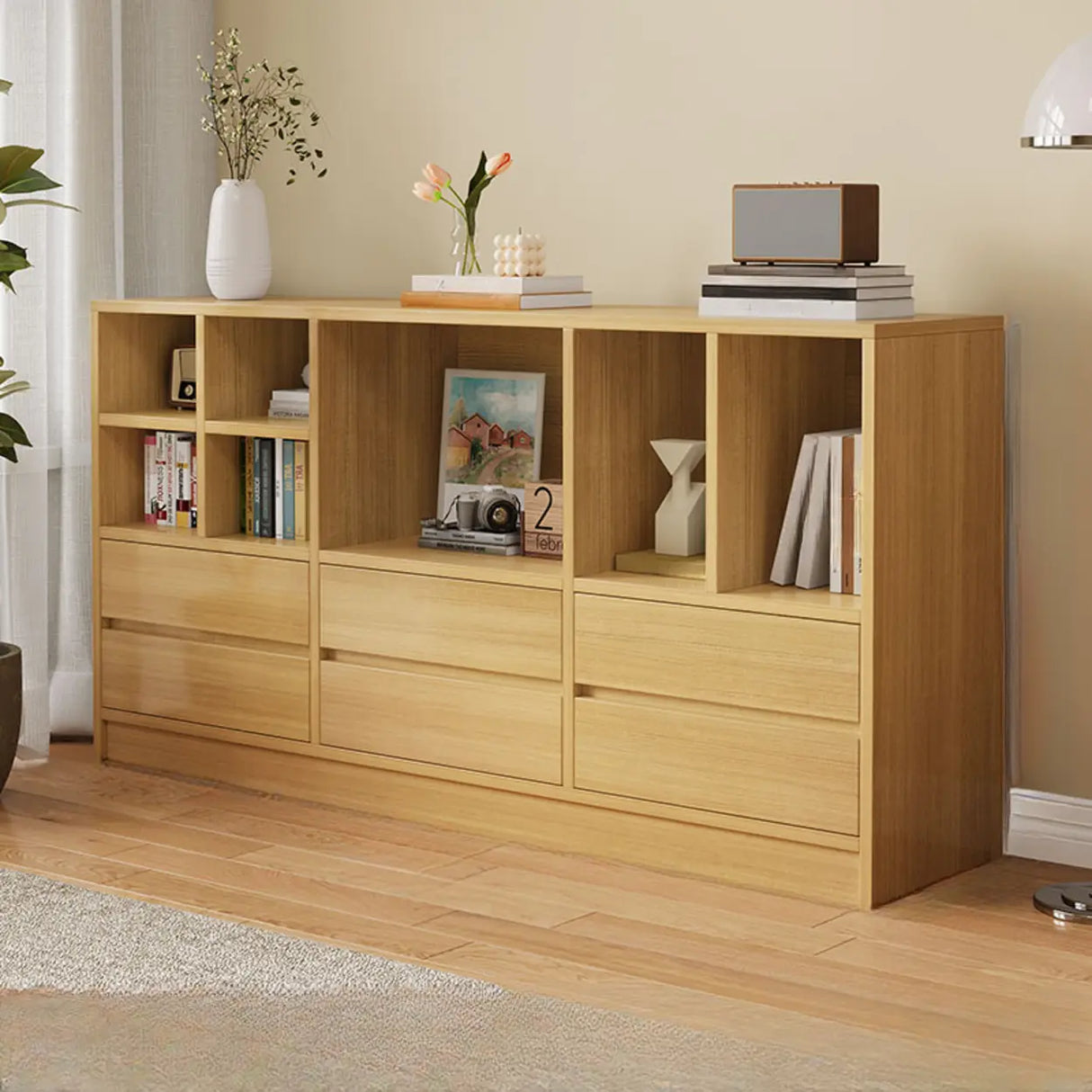 Modish White Horizontal Rectangle Wood Storage Bookcase Image - 7