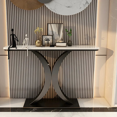 Modish White Marble Top Curved Metal Console Table Image - 1