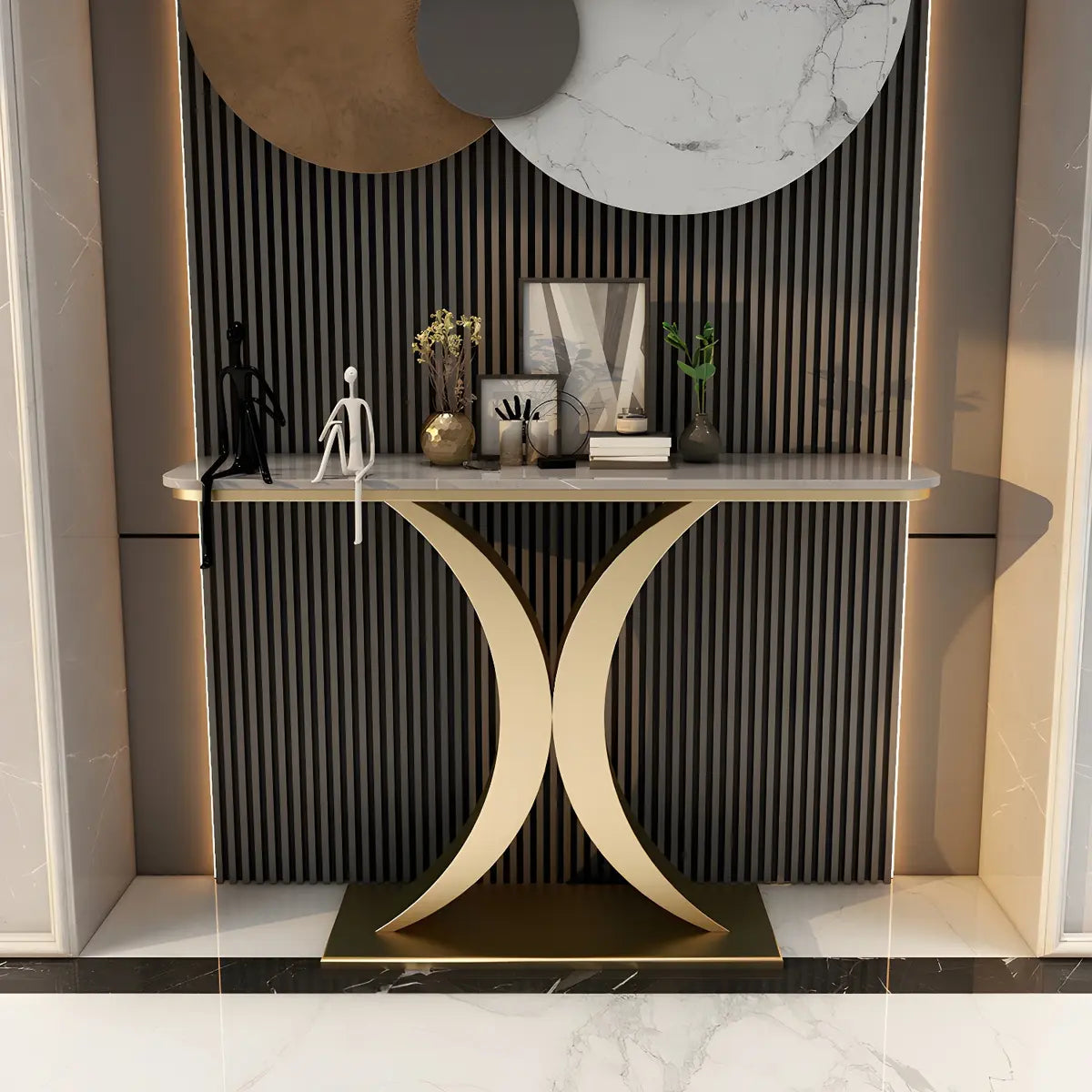 Modish White Marble Top Curved Metal Console Table Image - 3