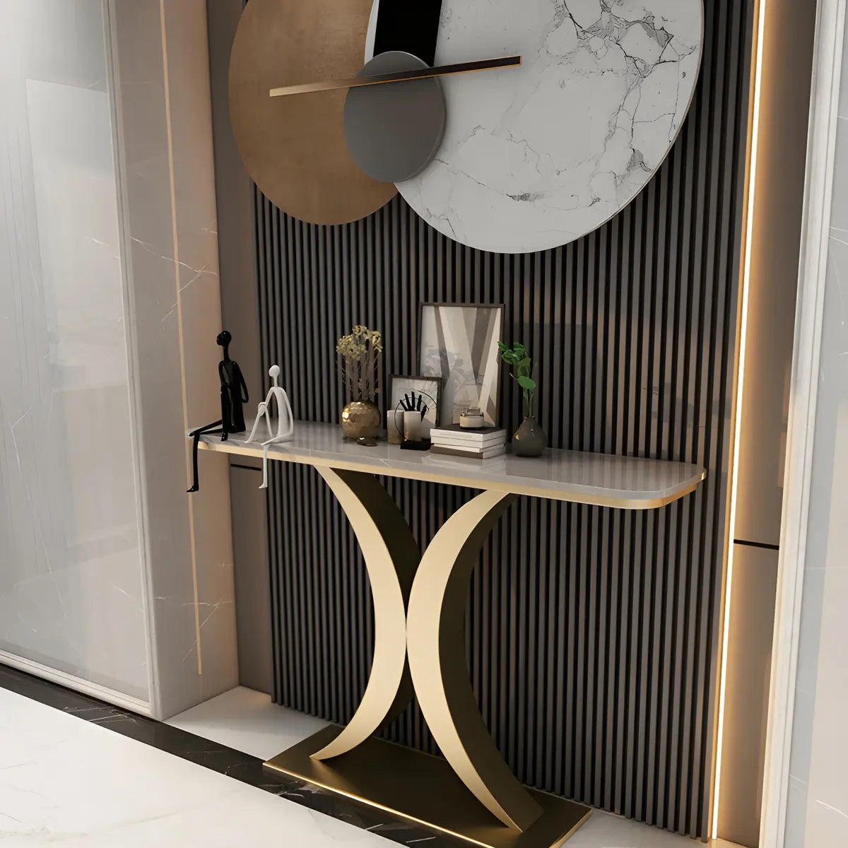 Modish White Marble Top Curved Metal Console Table Image - 4