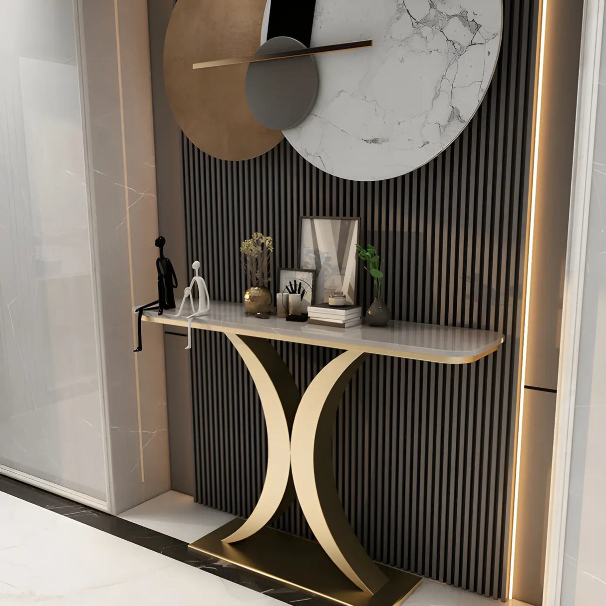 Modish White Marble Top Curved Metal Console Table Image - 4