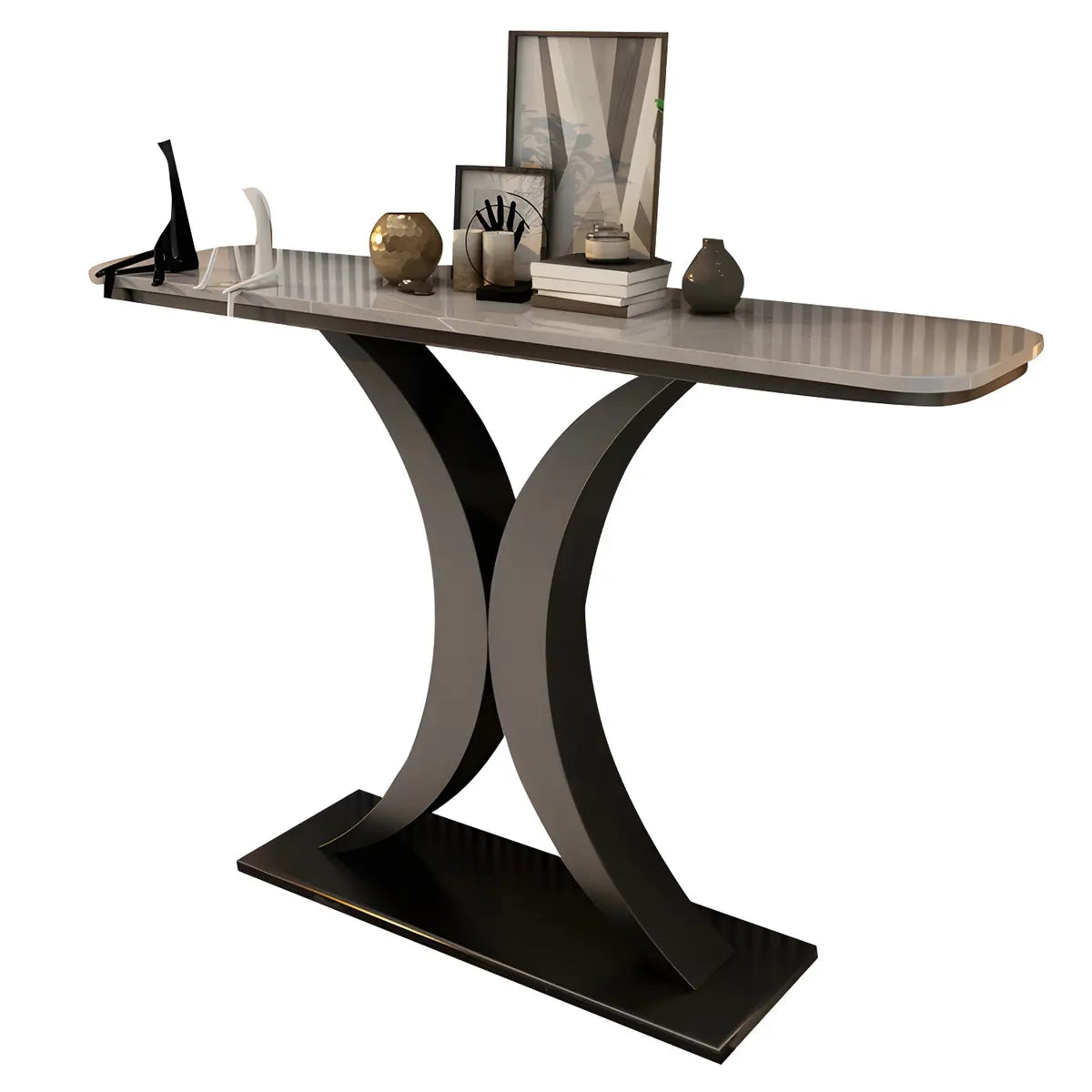 Modish White Marble Top Curved Metal Console Table Image - 5