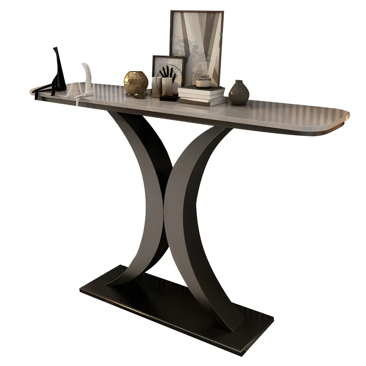 Modish White Marble Top Curved Metal Console Table Image - 5