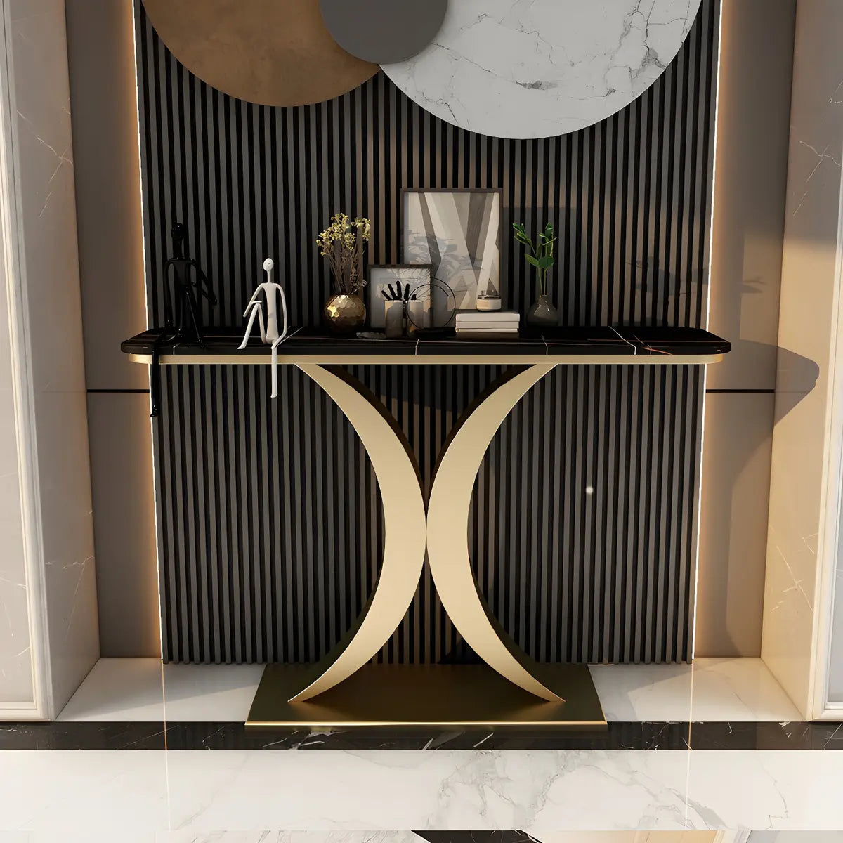 Modish White Marble Top Curved Metal Console Table Image - 8