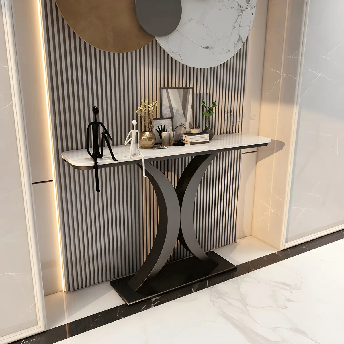 Modish White Marble Top Curved Metal Console Table Image - 9
