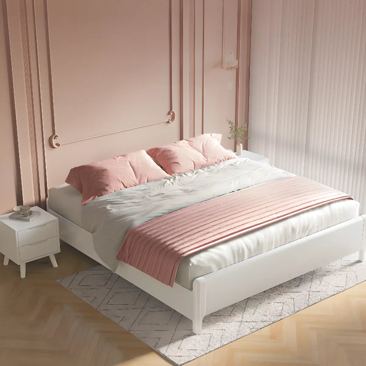 Modish White Queen Rectangular Wood Panel Bed Frame Image - 1